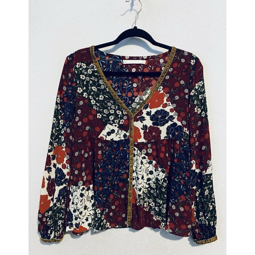 Zara Top Womens Medium Boho Floral Patchwork Velvet Trim Button Up Peasant